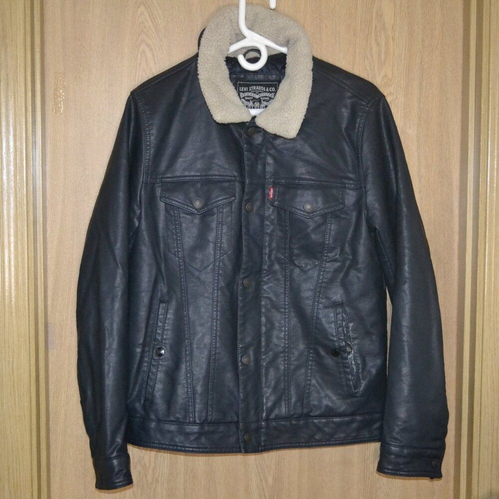 Levi Black Faux Leather Sherpa Trucker Jacket